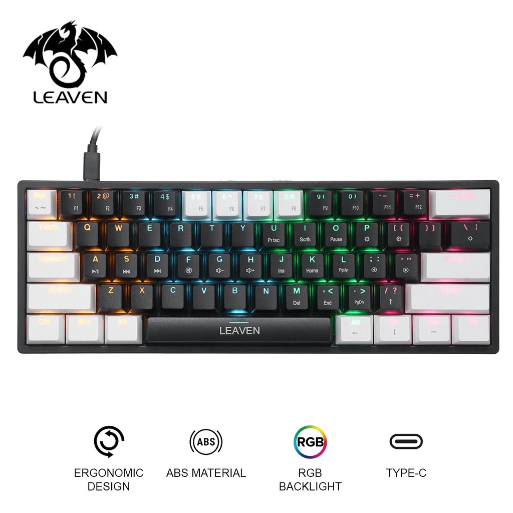 LEAVEN K620 Mechanical Keyboard 61 Keys PBT Translucent Dual-Color Injection Keycaps Blue/Red Switch RGB Backlit Detachable Type-C Wired Gaming Keyboard